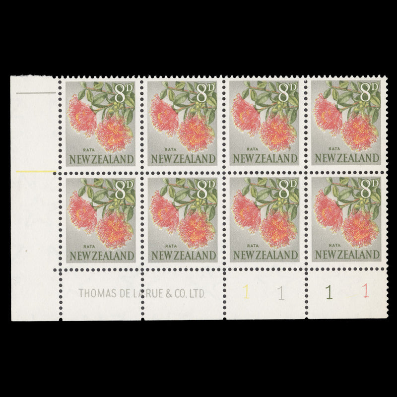 New Zealand 1960 (MNH) 8d Rata imprint/plate 1–1–1–1 block