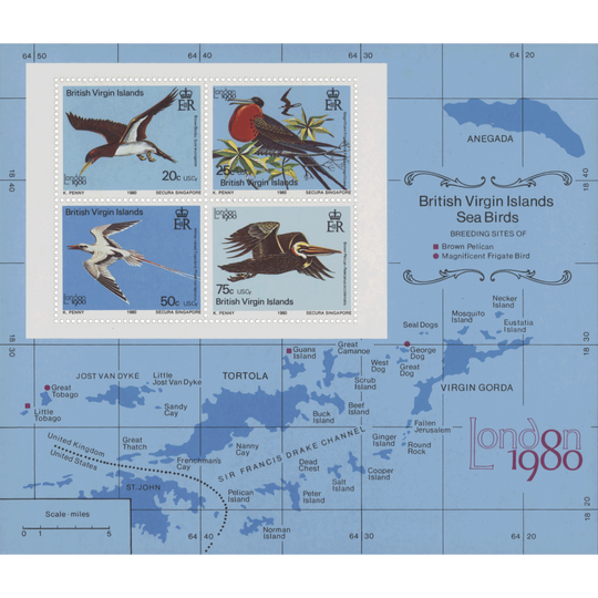 British Virgin Islands 1980 (Variety) Seabirds miniature sheet with watermark to left