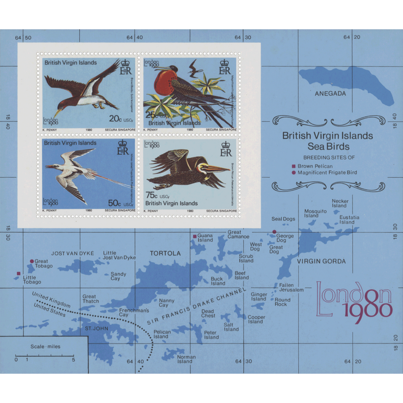 British Virgin Islands 1980 (Variety) Seabirds miniature sheet with watermark to left