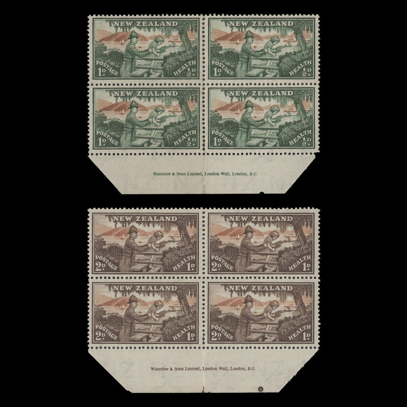 New Zealand 1946 (MNH) Solider Assisting Child imprint blocks