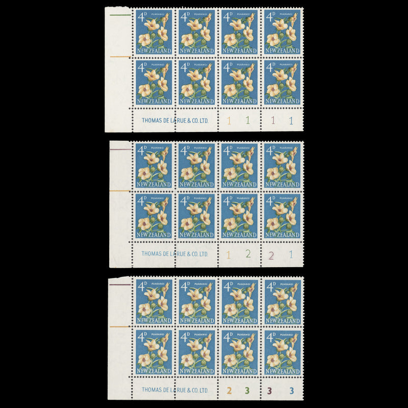 New Zealand 1960 (MNH) 4d Puarangi imprint/plate blocks