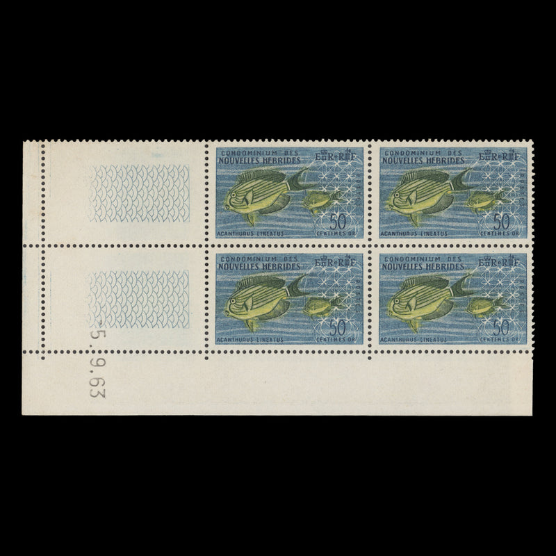 Nouvelles Hebrides 1963 (MNH) 50c Clown Surgeonfish date block