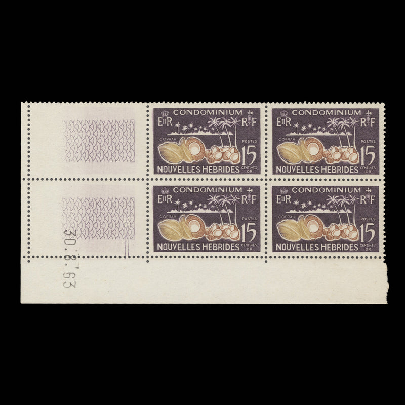 Nouvelles Hebrides 1963 (MNH) 15c Copra printing date block