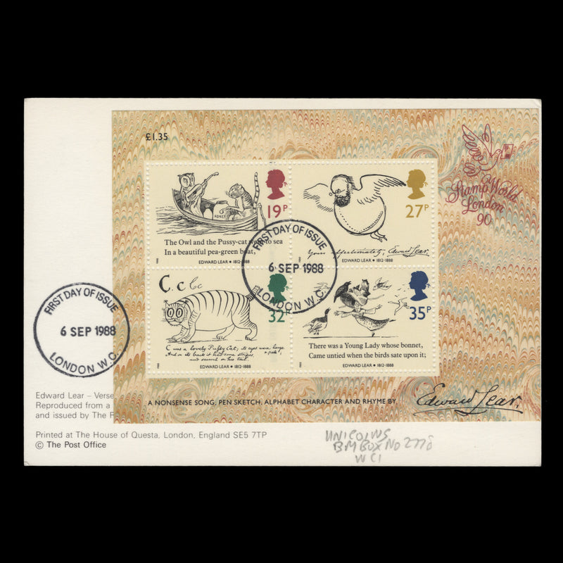 Great Britain 1988 (FDC) Edward Lear Centenary M/S