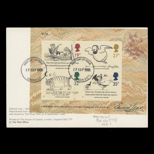 Great Britain 1988 (FDC) Edward Lear Centenary M/S