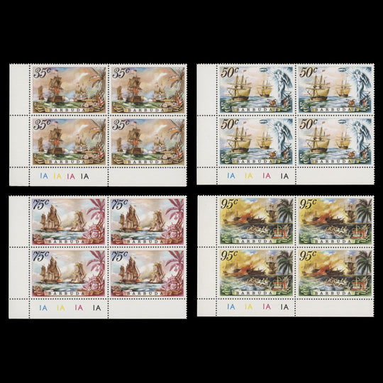 Barbuda 1975 (MNH) Sea Battles plate 1A–1A–1A–1A blocks