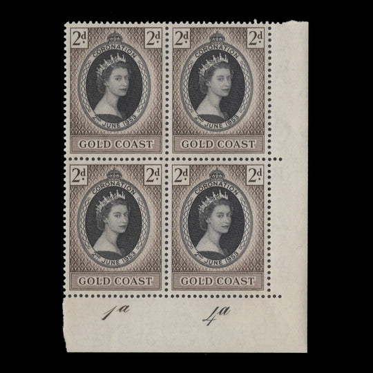 Gold Coast 1953 (MNH) 2d Coronation plate 1a–4a block