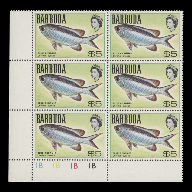 Barbuda 1969 (MNH) $5 Blue Chromis plate 1B–1B–1B–1B block