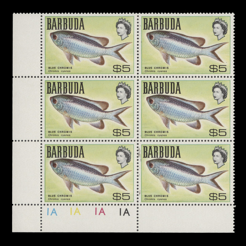Barbuda 1969 (MNH) $5 Blue Chromis plate 1A–1A–1A–1A block