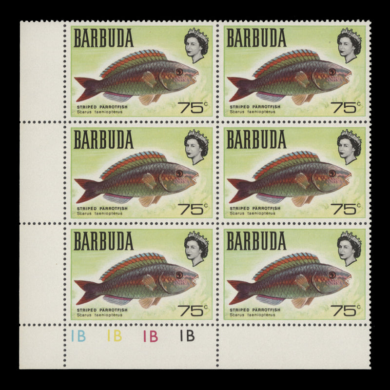 Barbuda 1969 (MNH) 75c Striped Parrotfish plate 1B–1B–1B–1B block