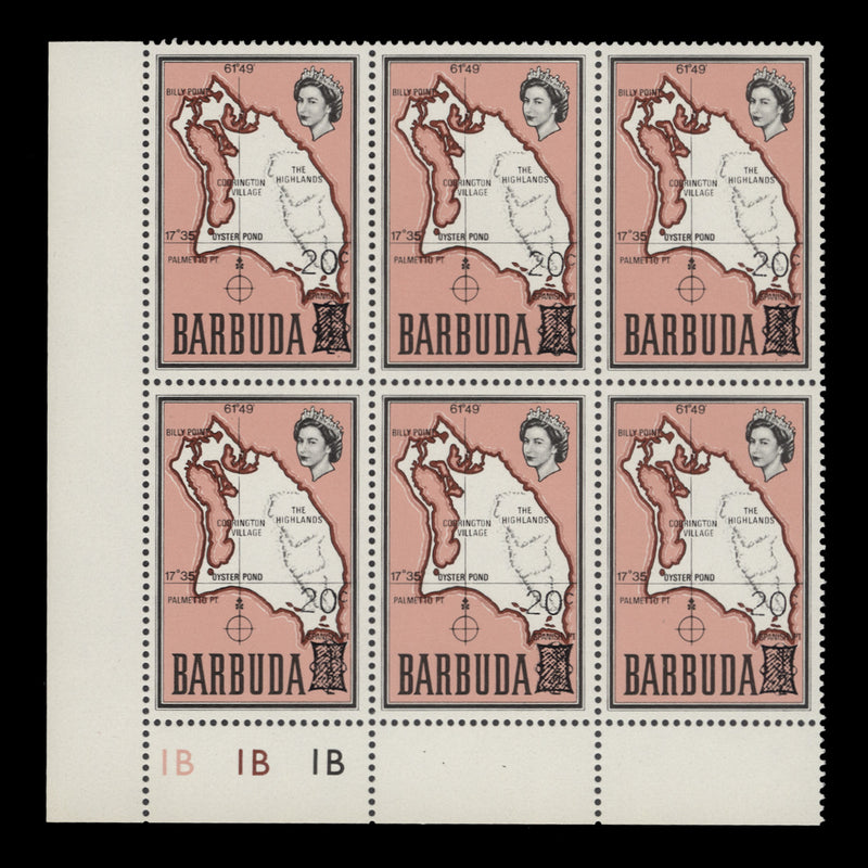 Barbuda 1970 (MNH) 20c/½c Map Provisional plate 1B–1B–1B block