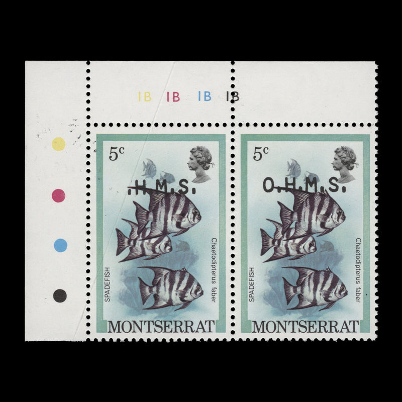 Montserrat 1981 (Variety) 5c Spadefish official pair with 'O' missing from one