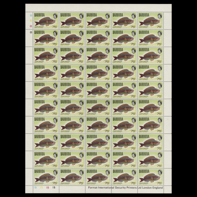Barbuda 1969 (MNH) 75c Striped Parrotfish pane of 50 stamps