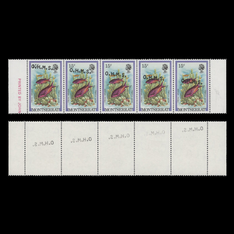 Montserrat 1981 (Variety) 15c Creole Wrasse official strip with overprint shift