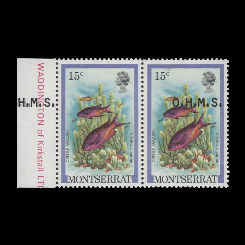 Montserrat 1981 (Variety) 15c Creole Wrasse official pair with overprint missing from one