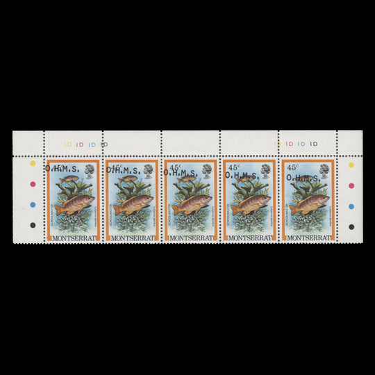 Montserrat 1981 (Variety) 45c Schoolmaster official strip with overprint shift