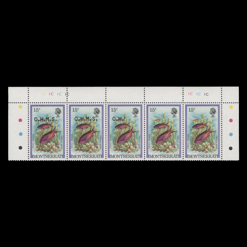 Montserrat 1981 (Variety) 15c Creole Wrasse official strip with overprint missing