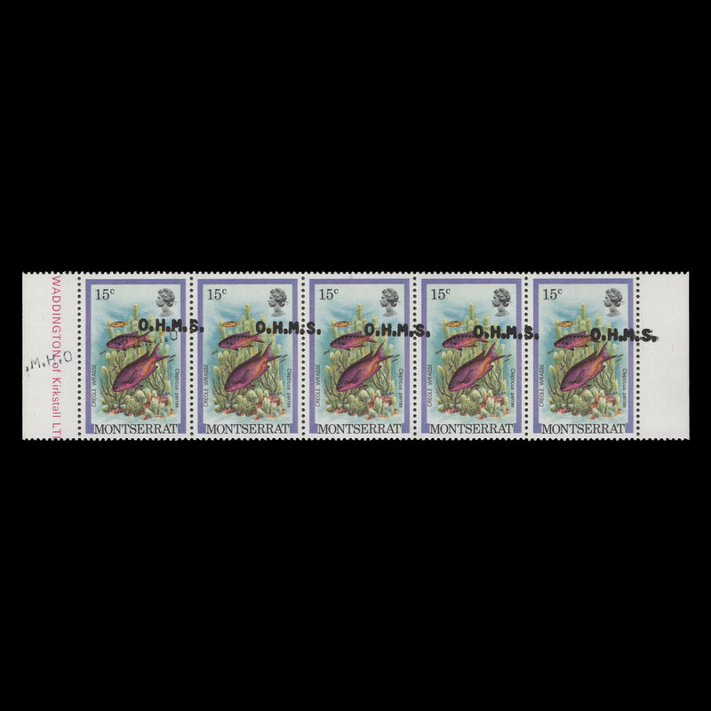 Montserrat 1981 (Variety) 15c Creole Wrasse official strip with overprint shift