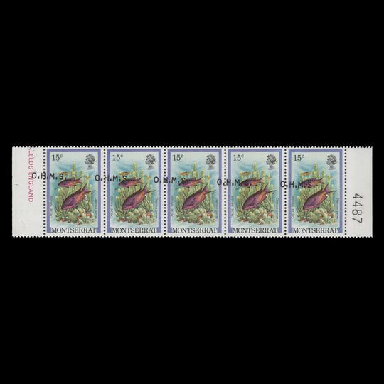 Montserrat 1981 (Variety) 15c Creole Wrasse official strip with overprint shift