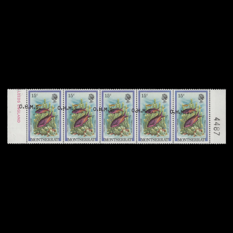 Montserrat 1981 (Variety) 15c Creole Wrasse official strip with overprint shift
