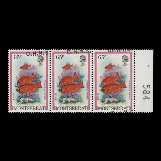 Montserrat 1981 (Variety) 65c Bigeye official strip with overprint shift