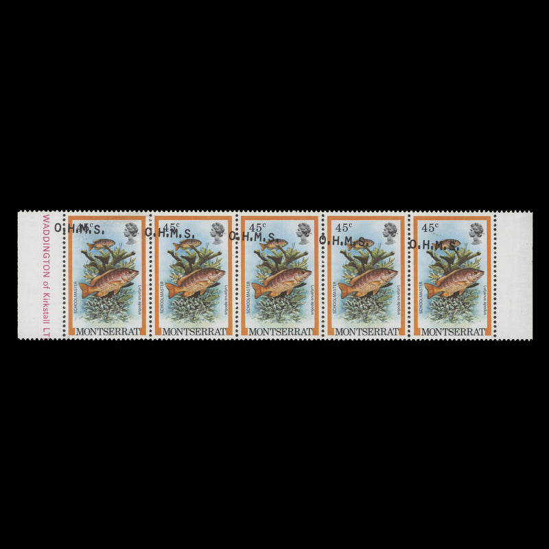Montserrat 1981 (Variety) 45c Schoolmaster official strip with overprint shift
