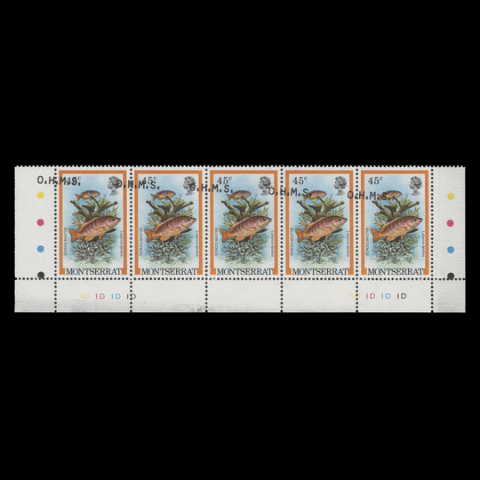 Montserrat 1981 (Variety) 45c Schoolmaster official strip with overprint shift