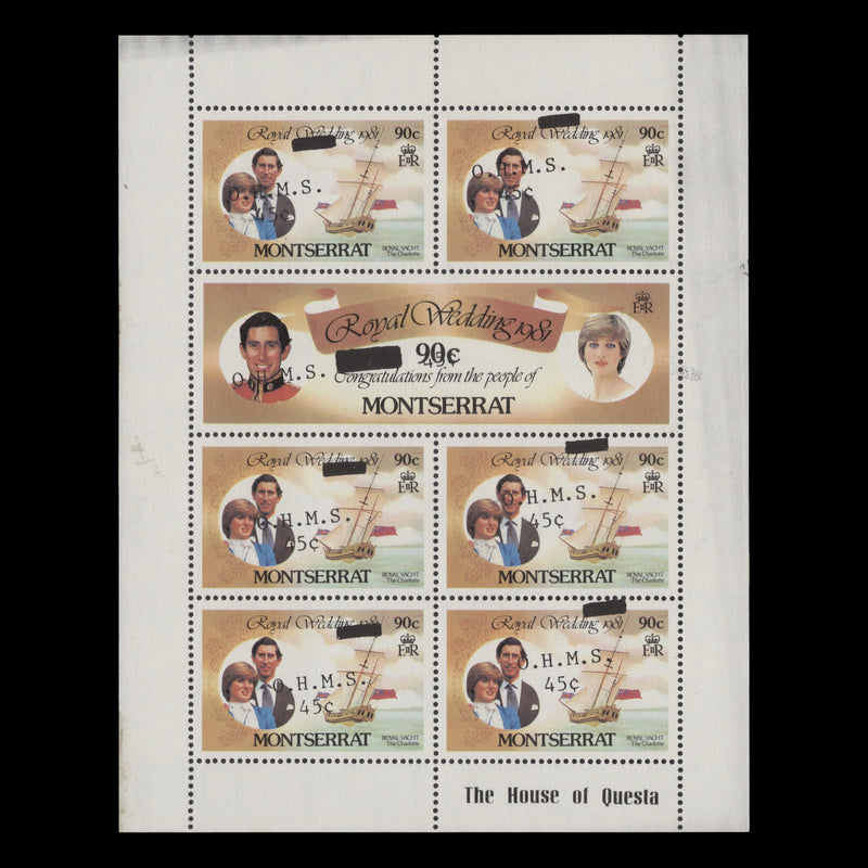 Montserrat 1982 (Variety) 45c/90c Royal Wedding official sheetlet with overprint shift