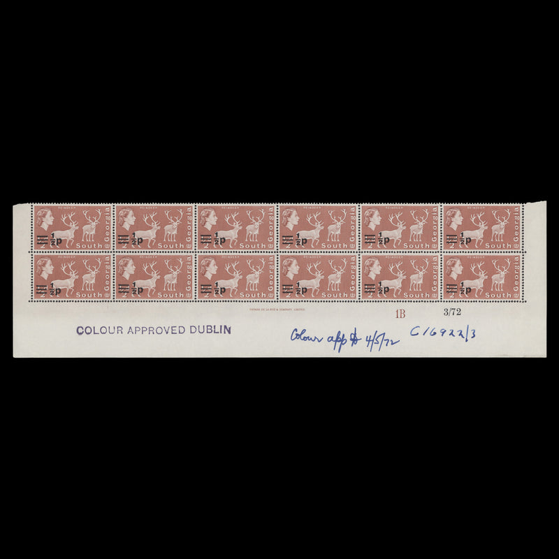 South Georgia 1972 (Proof) ½p/½d Reindeer imprint/plate block