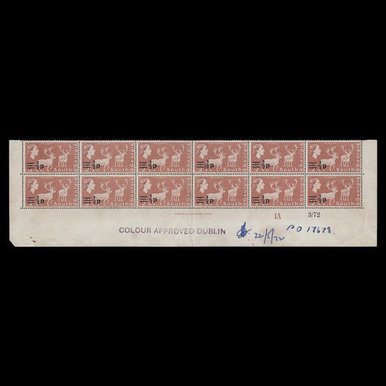 South Georgia 1972 (MNH) ½p/½d Reindeer imprint/plate proof block