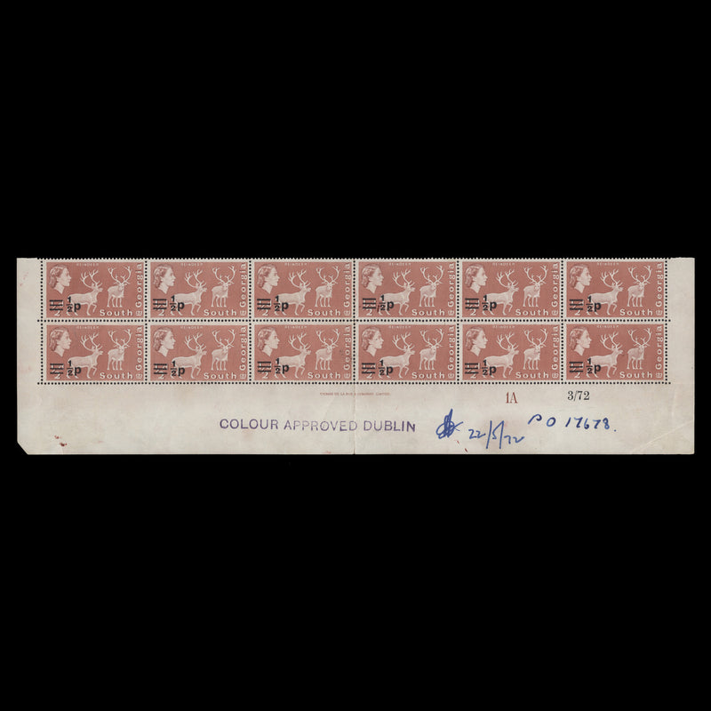 South Georgia 1972 (Proof) ½p/½d Reindeer imprint/plate block