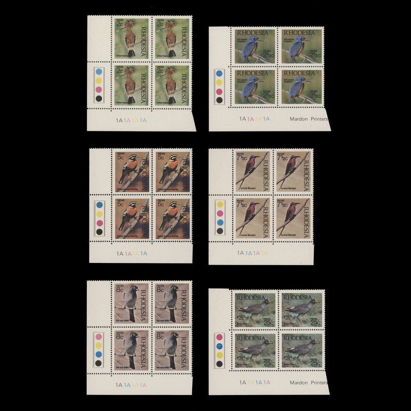 Rhodesia 1971 (MNH) Birds plate 1A–1A–1A–1A blocks