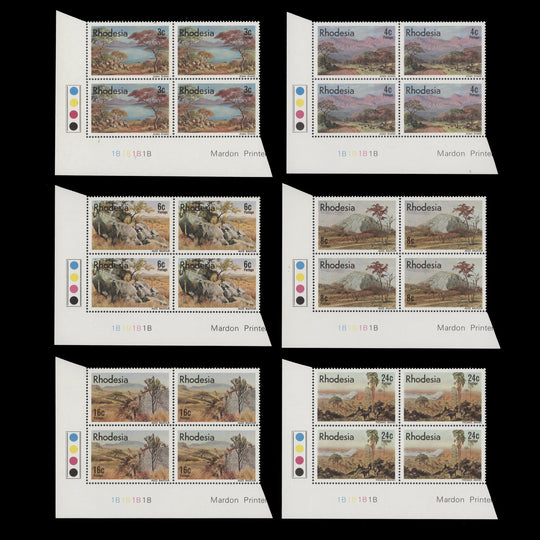 Rhodesia 1977 (MNH) Landscape Paintings plate 1B–1B–1B–1B blocks