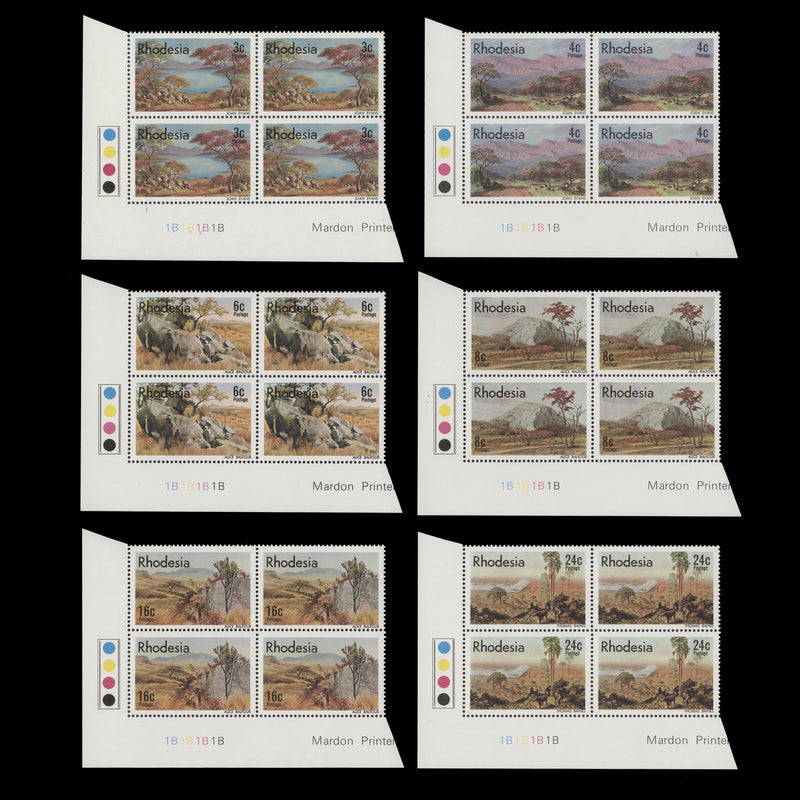Rhodesia 1977 (MNH) Landscape Paintings plate 1B–1B–1B–1B blocks