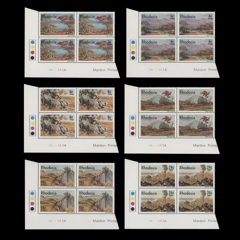 Rhodesia 1977 (MNH) Landscape Paintings plate 1A–1A–1A–1A blocks