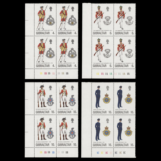Gibraltar 1974 (MNH) Military Uniforms plate blocks