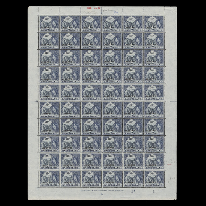 Lesotho 1966 (MNH) 3½c Maletsunyane Falls plate 1A–1 sheet