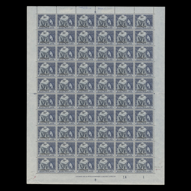 Lesotho 1966 (MNH) 3½c Maletsunyane Falls plate 1A–1 sheet, blued paper