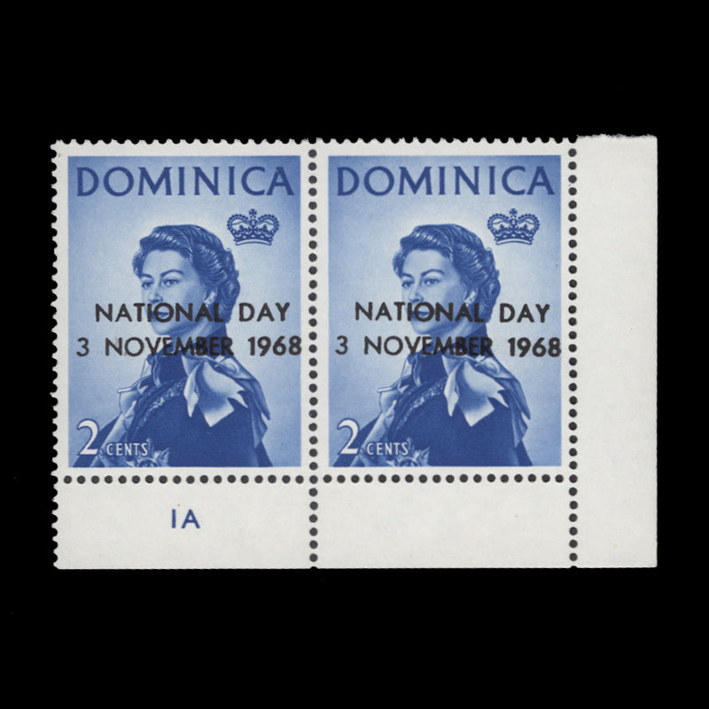 Dominica 1968 (Variety) 2c National Day plate pair with overprint offset
