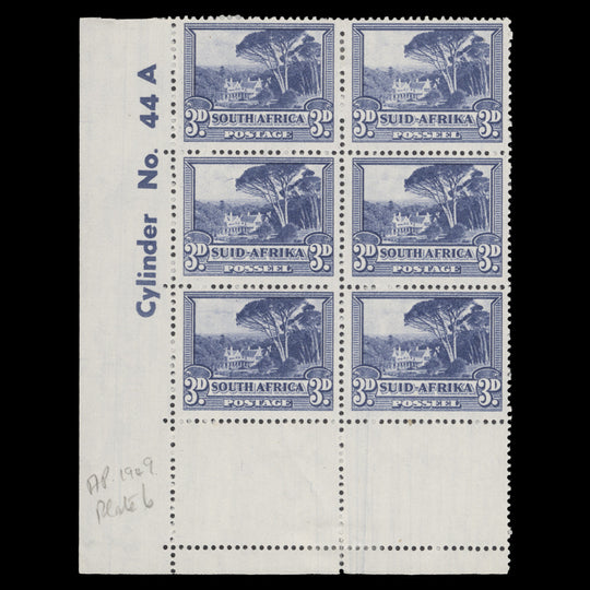 South Africa 1949 (MLH) 3d Groot Schuur cylinder 44A block