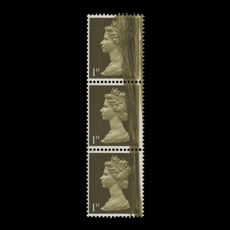 Great Britain 1968 (Variety) 1d Greenish Olive strip with blade flaw