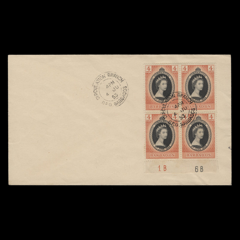 Barbados 1953 (FDC) 4c Coronation plate 1B–6B block