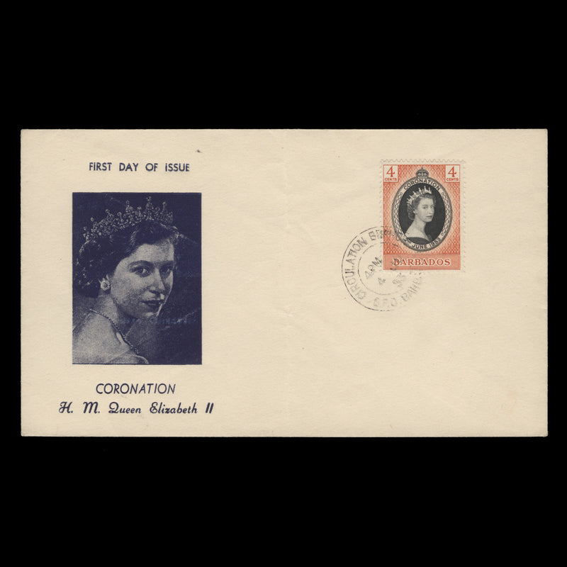 Barbados 1953 (FDC) 4c Coronation, CIRCULATION BRANCH