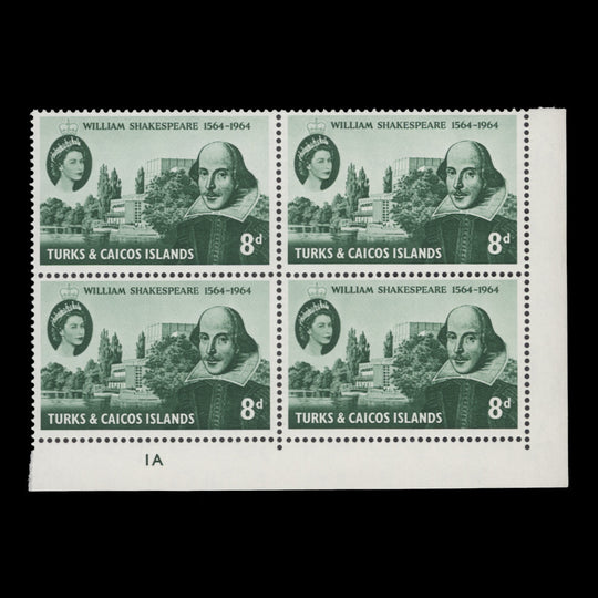 Turks & Caicos Islands 1964 (MNH) 8d Shakespeare Birth Anniversary plate block