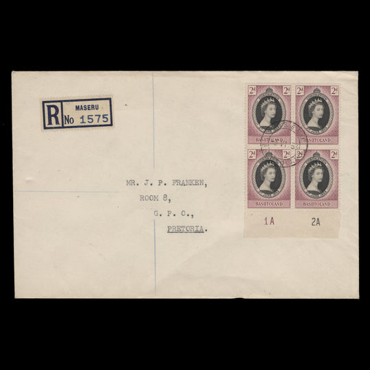 Basutoland 1953 (FDC) 2d Coronation plate 1A–2A block, MASERU