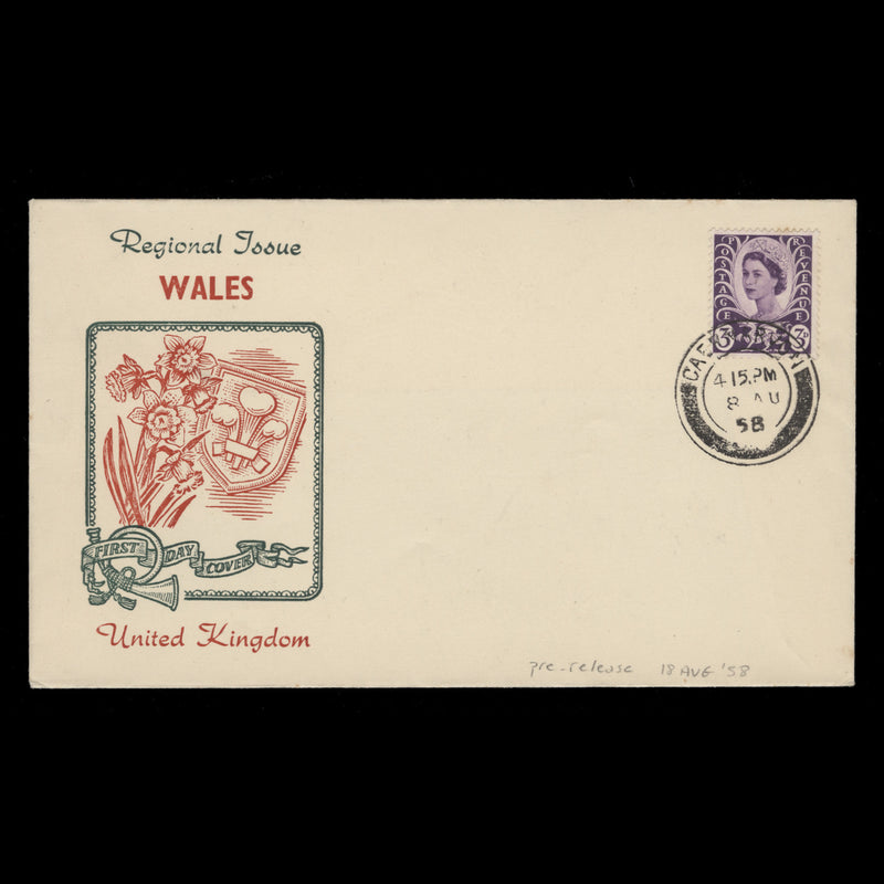 Wales 1958 3d Deep Lilac pre-release cover, CAERNARVON
