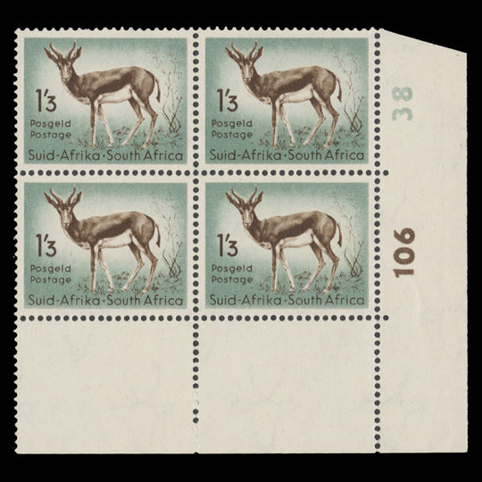 South Africa 1954 (MNH) 1s3d Springbok cylinder 106–38 block