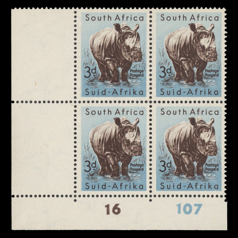 South Africa 1954 (MNH) 3d White Rhinoceros cylinder 16–107 block